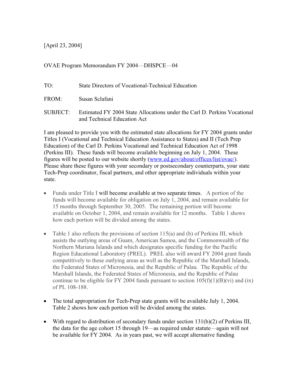 OVAE Program Memorandum FY 2004 DHSPCE 04