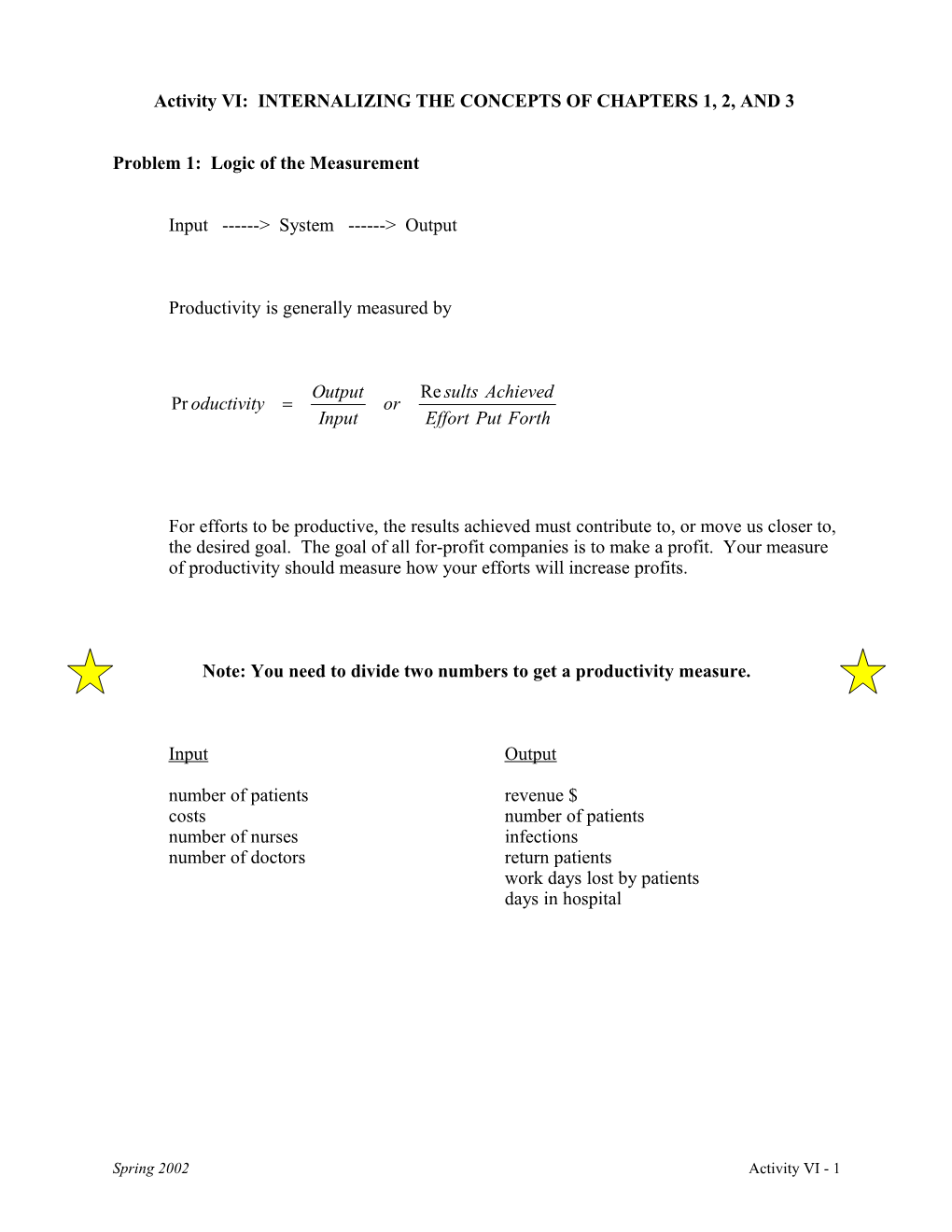 Activity VI: INTERNALIZING the CONCEPTS of CHAPTERS 1, 2, and 3