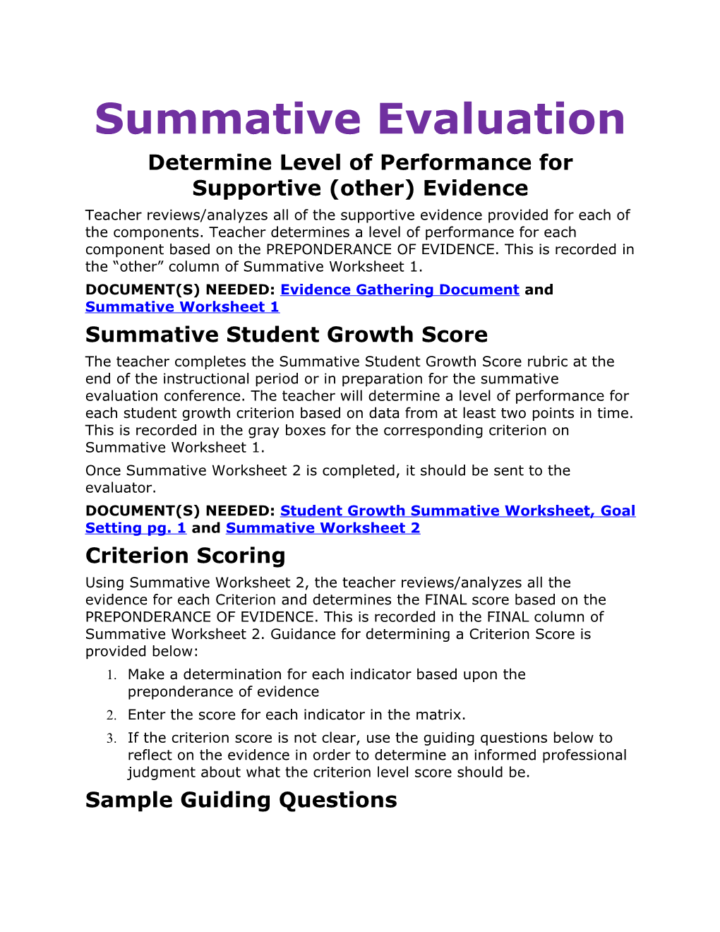 Determine Level of Performance for Supportive (Other) Evidence