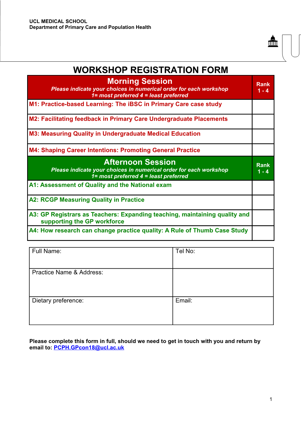 Workshops Registration Form