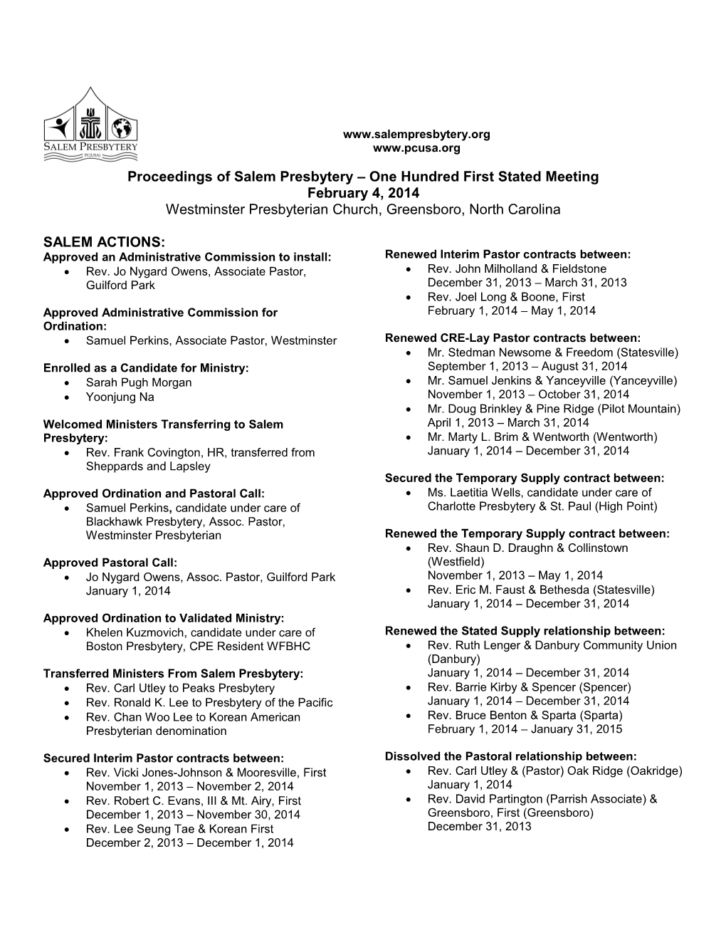 Proceedings of Salem Presbytery One Hundred First Stated Meeting