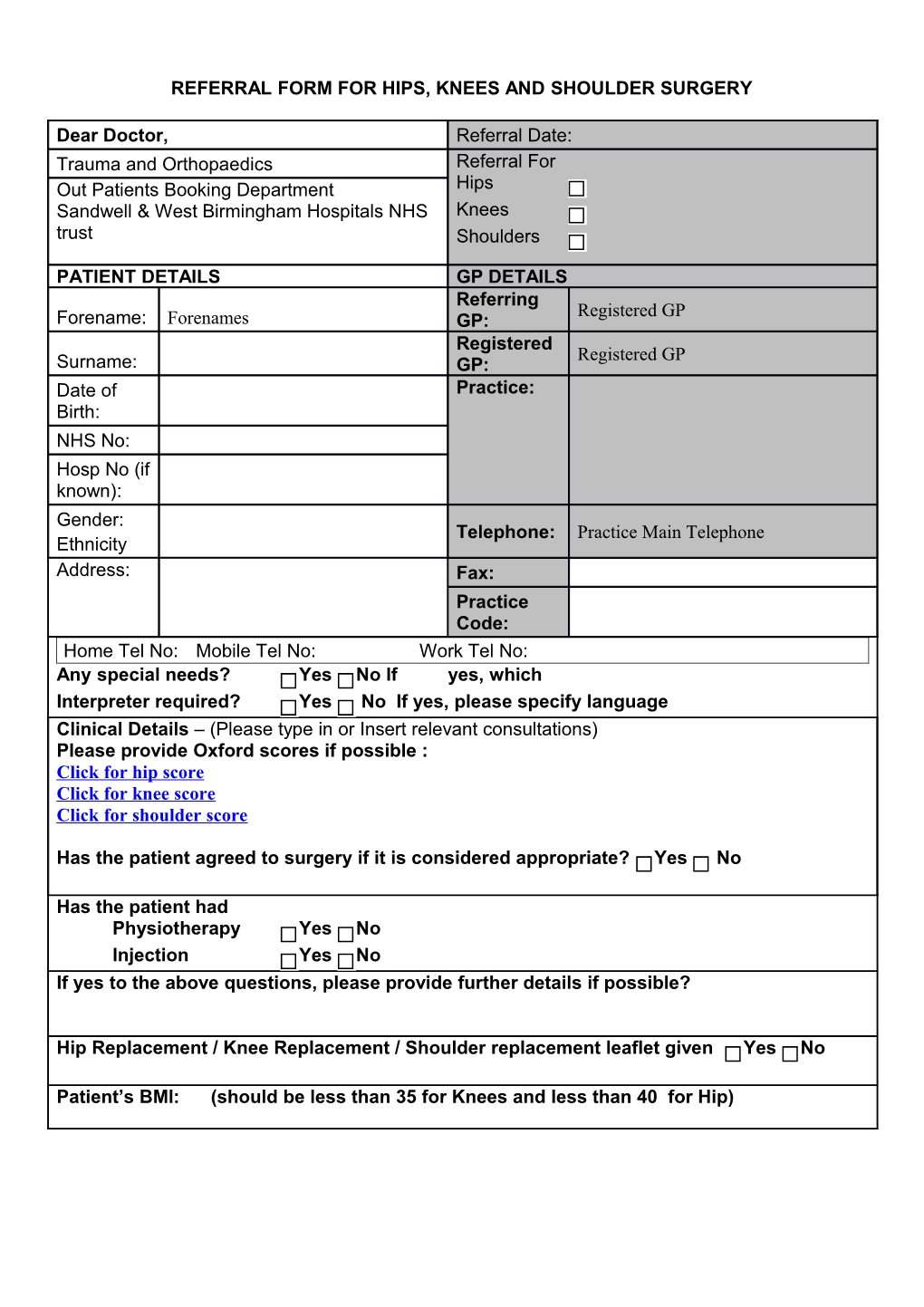 Referral Form for Hips, Knees and Shoulder Surgery