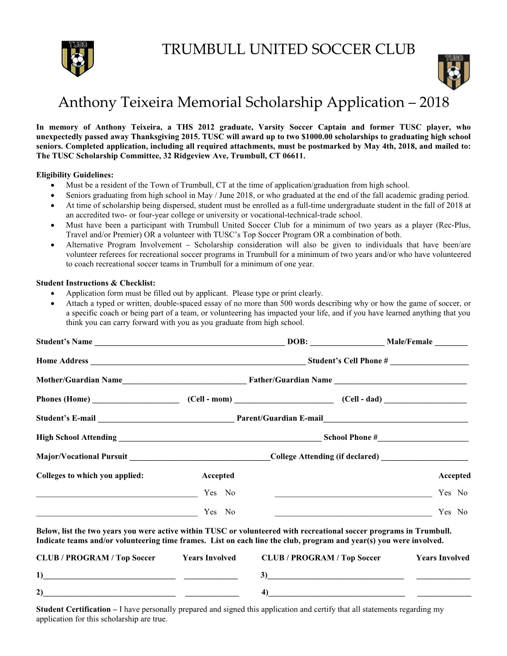 Community Service Scholarship Application
