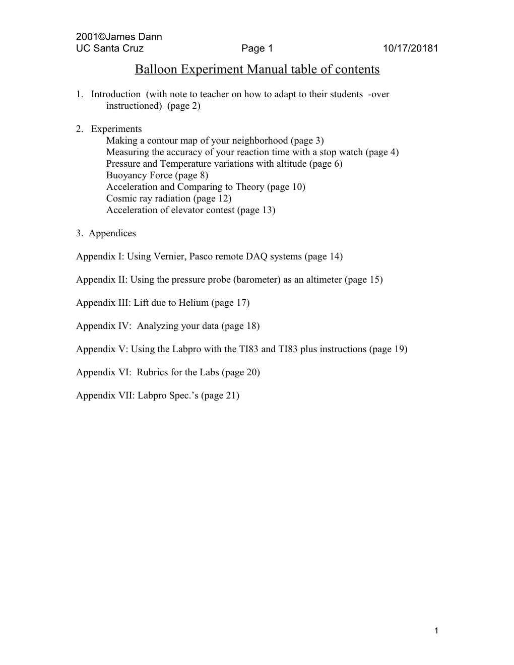 Balloon Experiment Manual Table of Contents