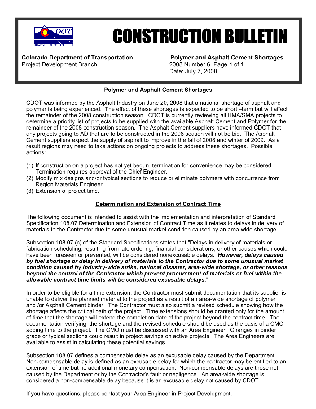 Colorado Department of Transportation Polymer and Asphalt Cement Shortages