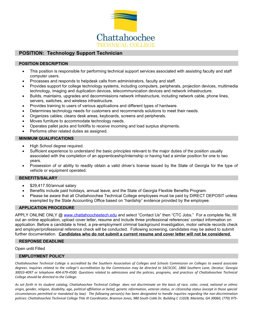 POSITION: Technology Support Technician