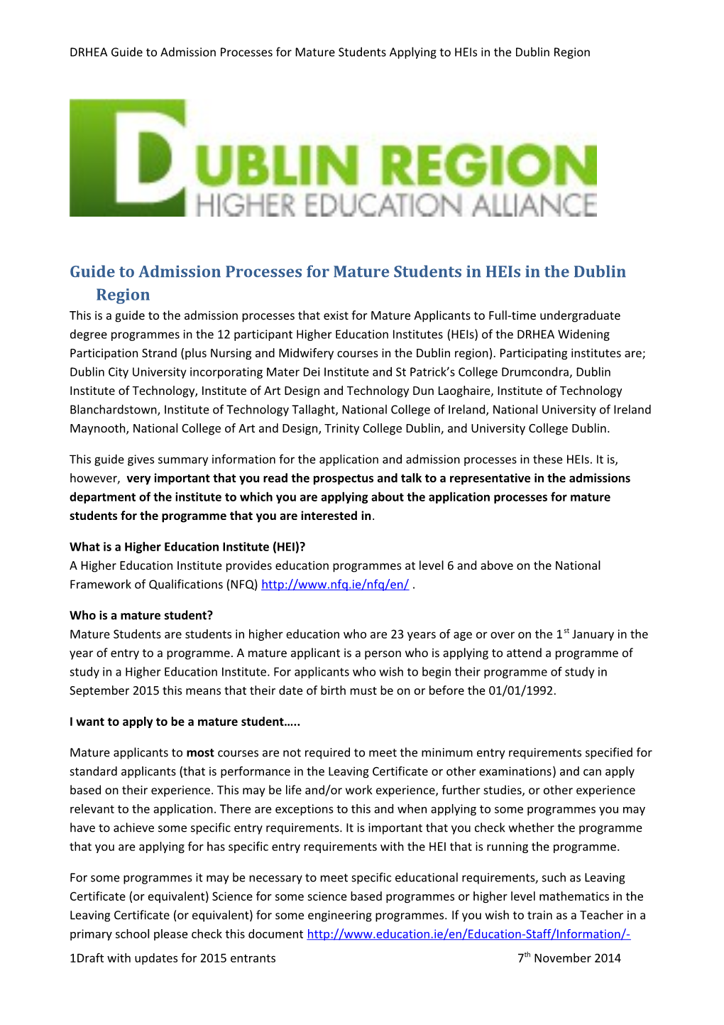 Guide to Admission Processes for Mature Students in Heis in the Dublin Region