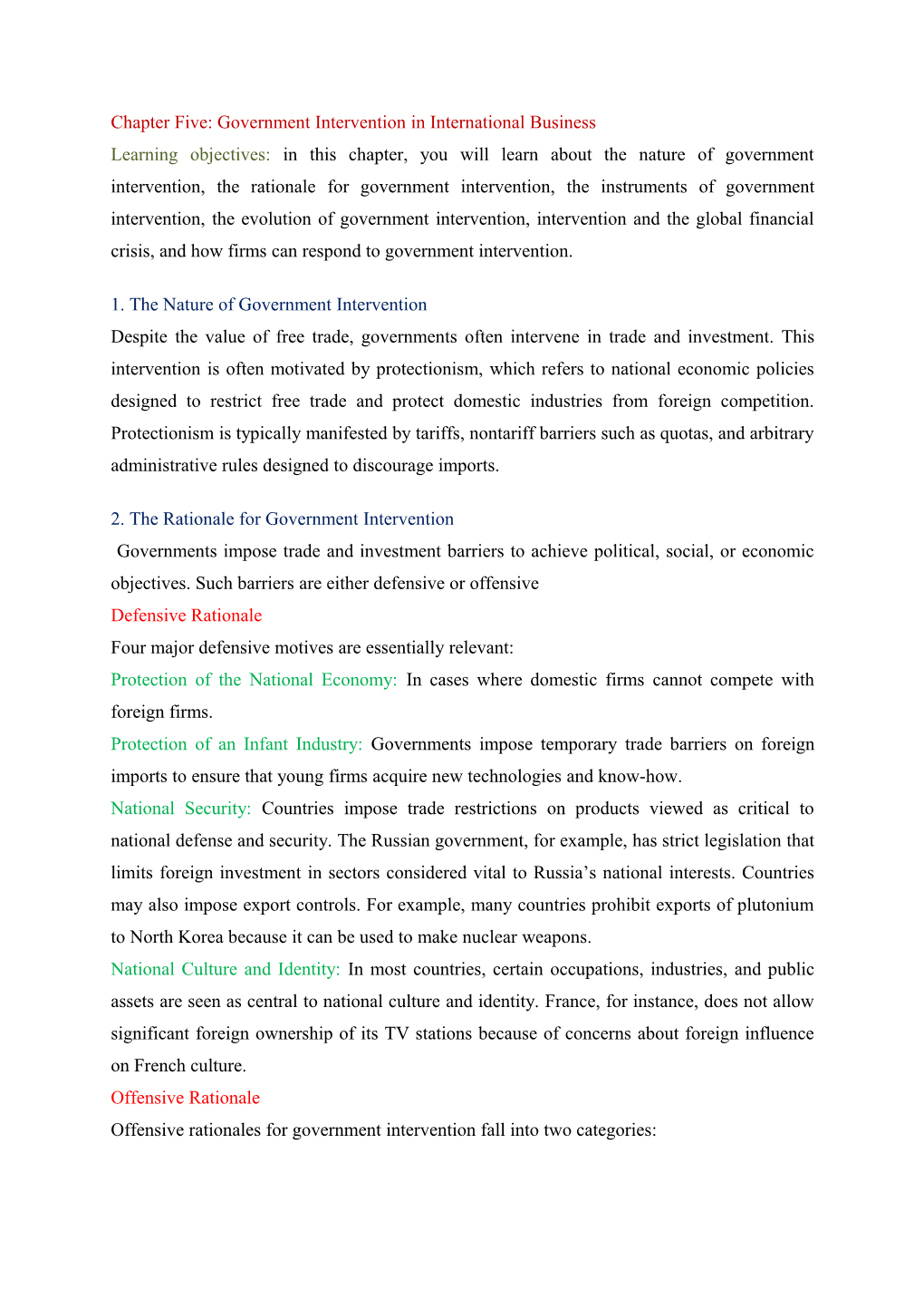 Chapter Five: Government Intervention in International Business