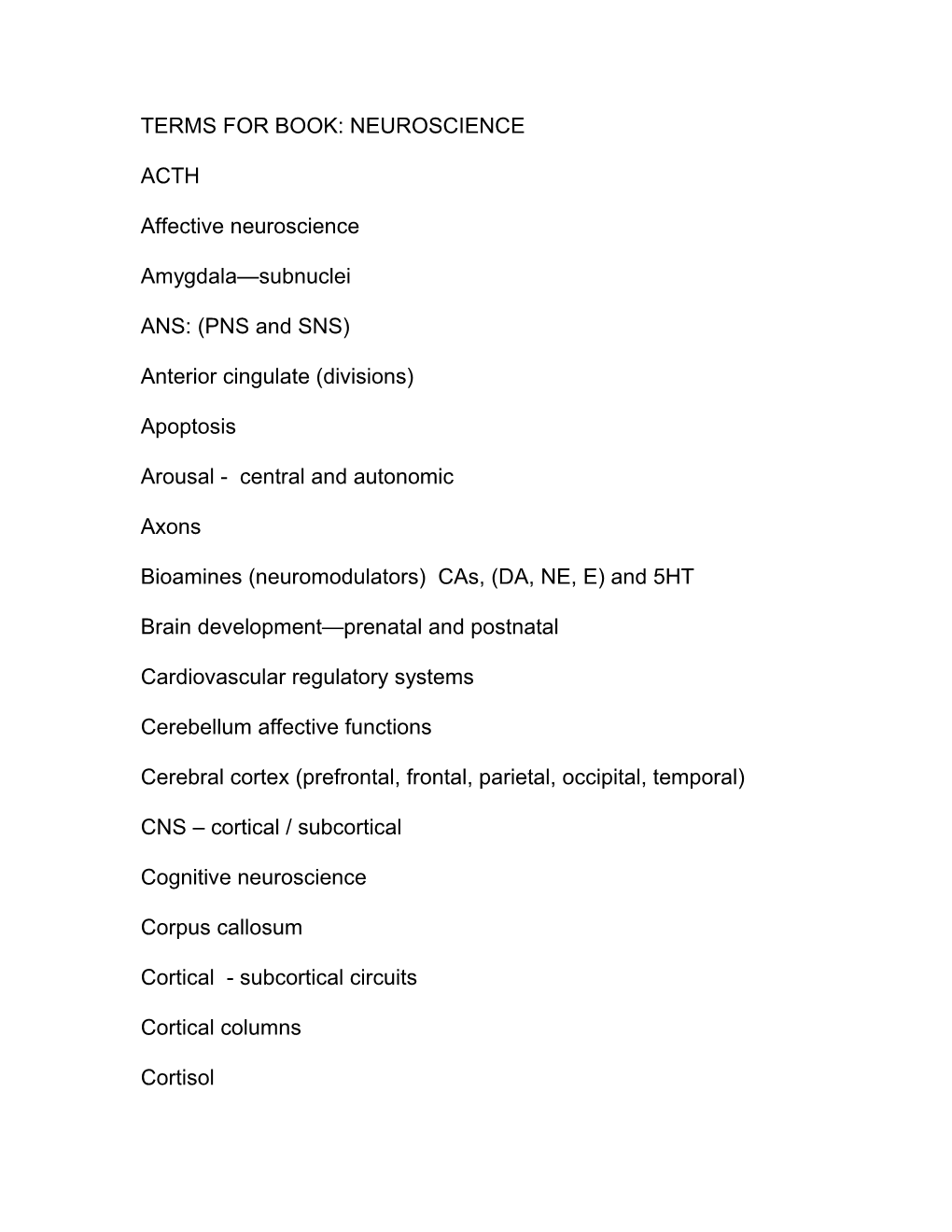 Terms for Book: Neuroscience