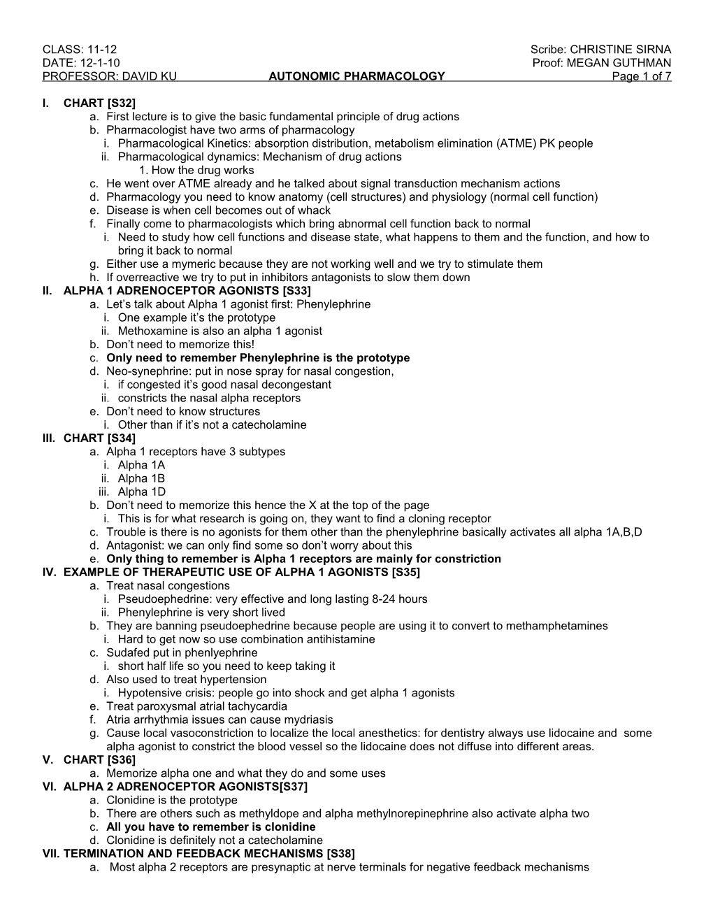 PROFESSOR: DAVID KU AUTONOMIC PHARMACOLOGY Page1 of 7