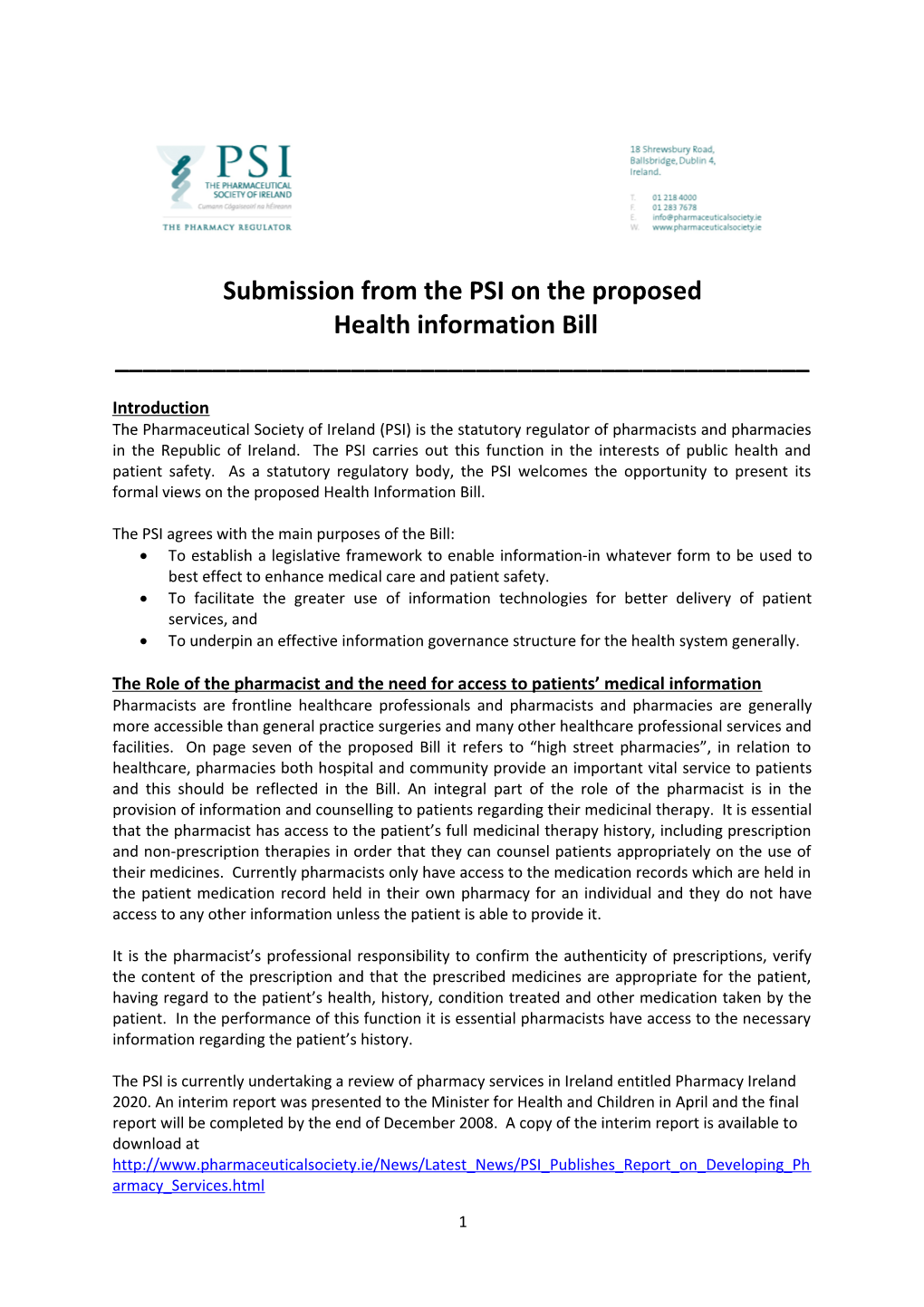 Submission from the PSI on the Proposed