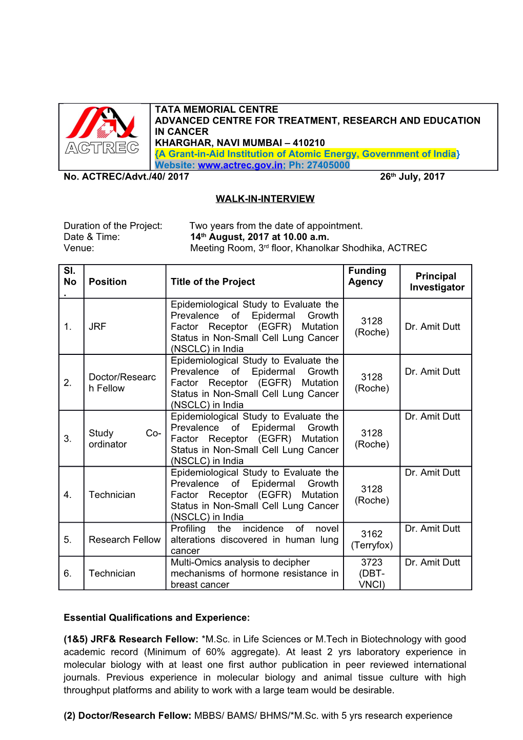 No. ACTREC/Advt./40/ 2017 26Th July, 2017