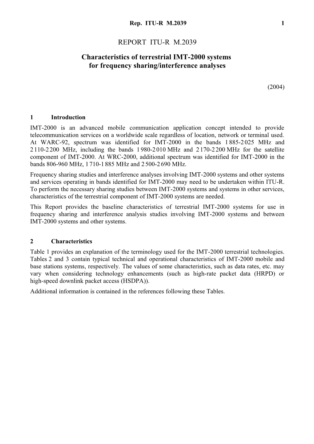 Characteristics of Terrestrial IMT-2000 Systems for Frequency Sharing/Interference Analyses