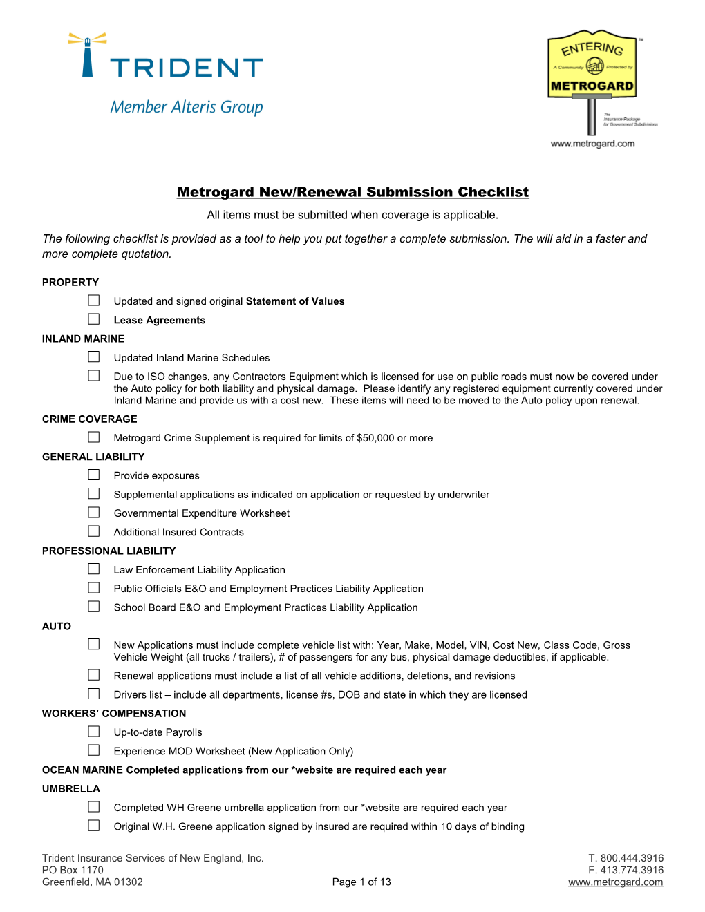 Metrogard New/Renewal Submission Checklist