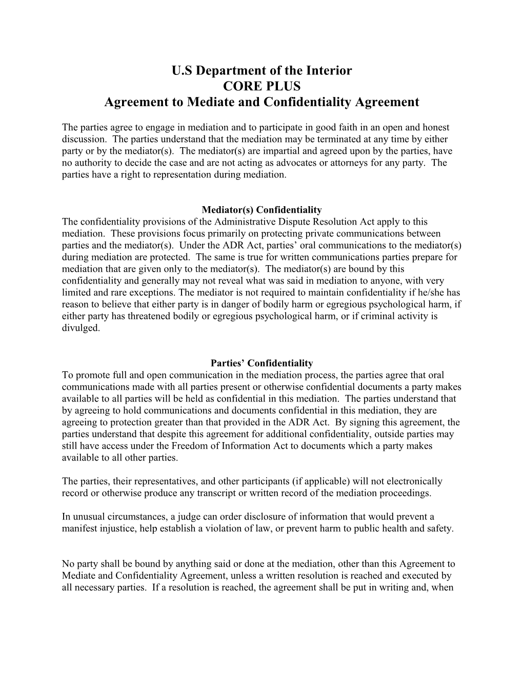 CORE PLUS Agreement to Mediate