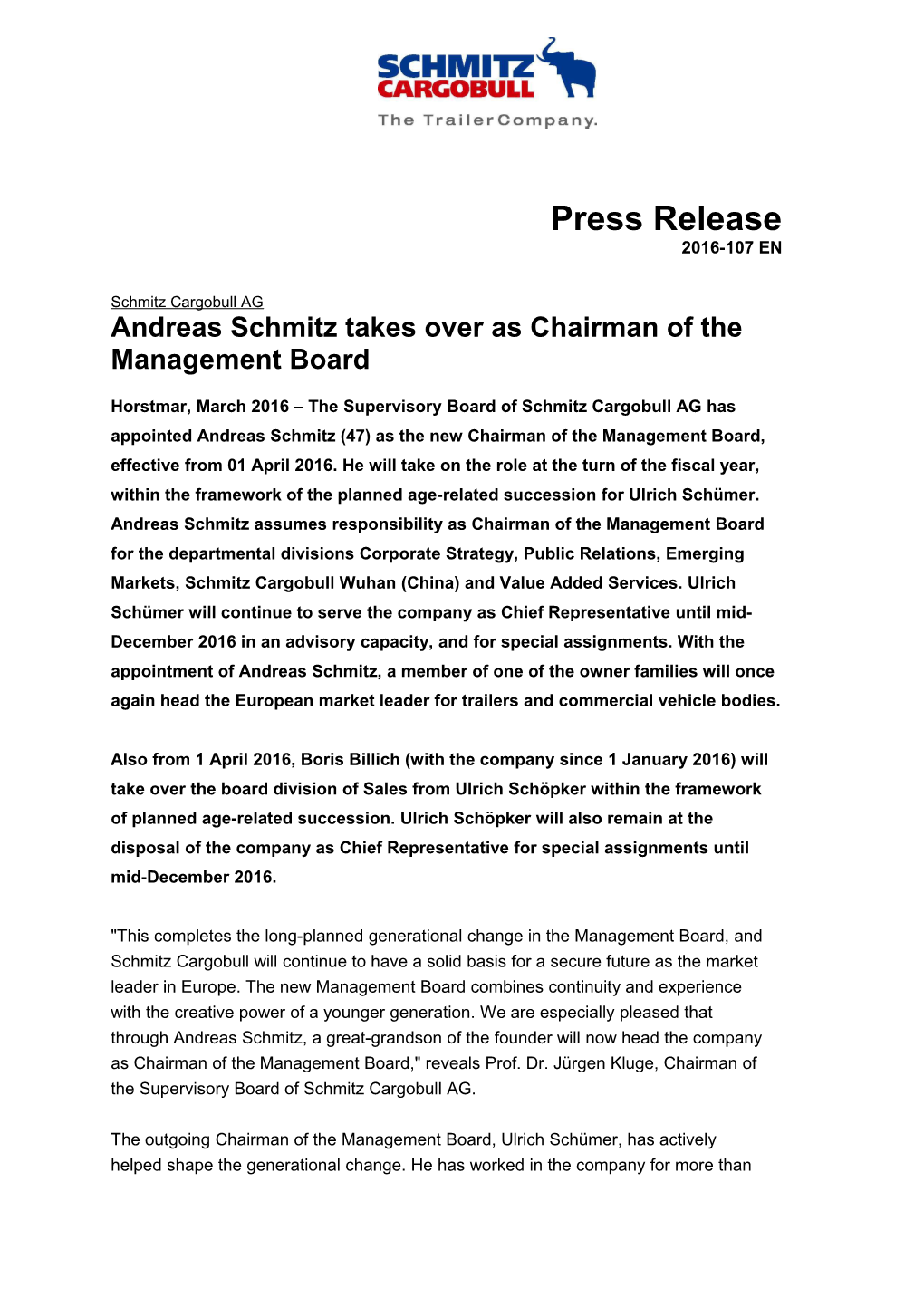 Andreas Schmitz Takes Over As Chairman of the Management Board