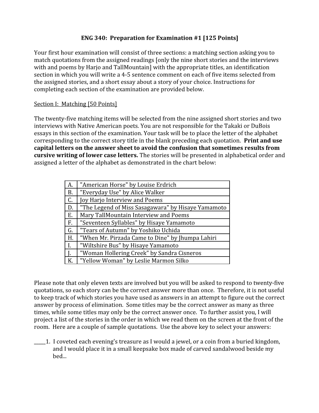 ENG 340: Preparation for Examination #1 125 Points