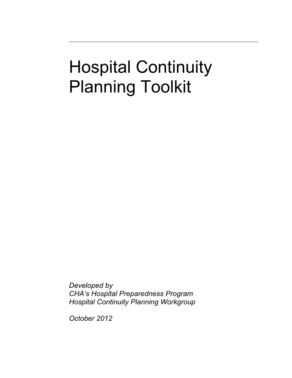 Hospital Continuity Planning Toolkit
