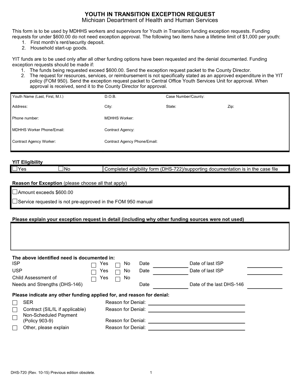 Youth in Transition Exception Request Form