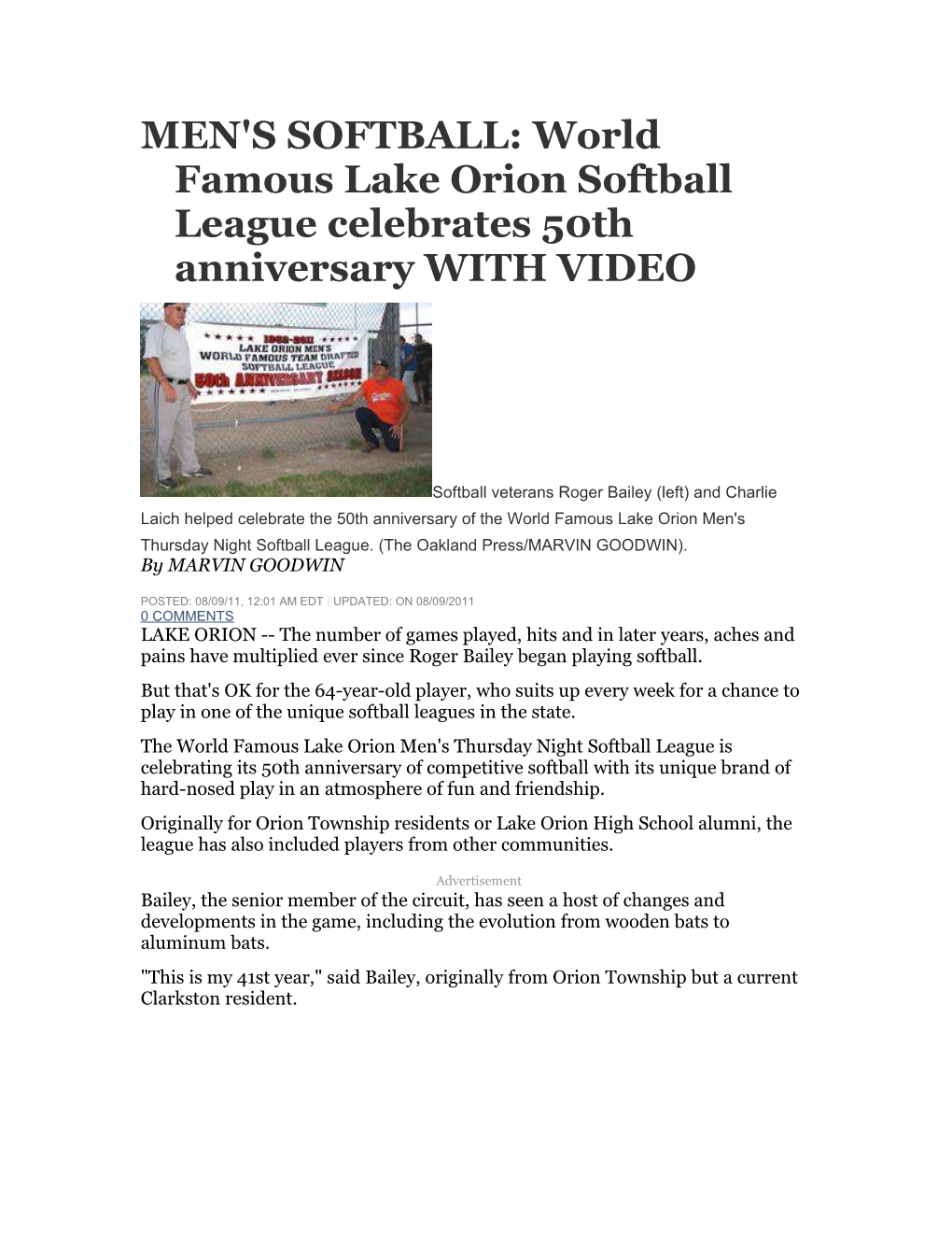 MEN's SOFTBALL: World Famous Lake Orion Softball League Celebrates 50Th Anniversary with VIDEO