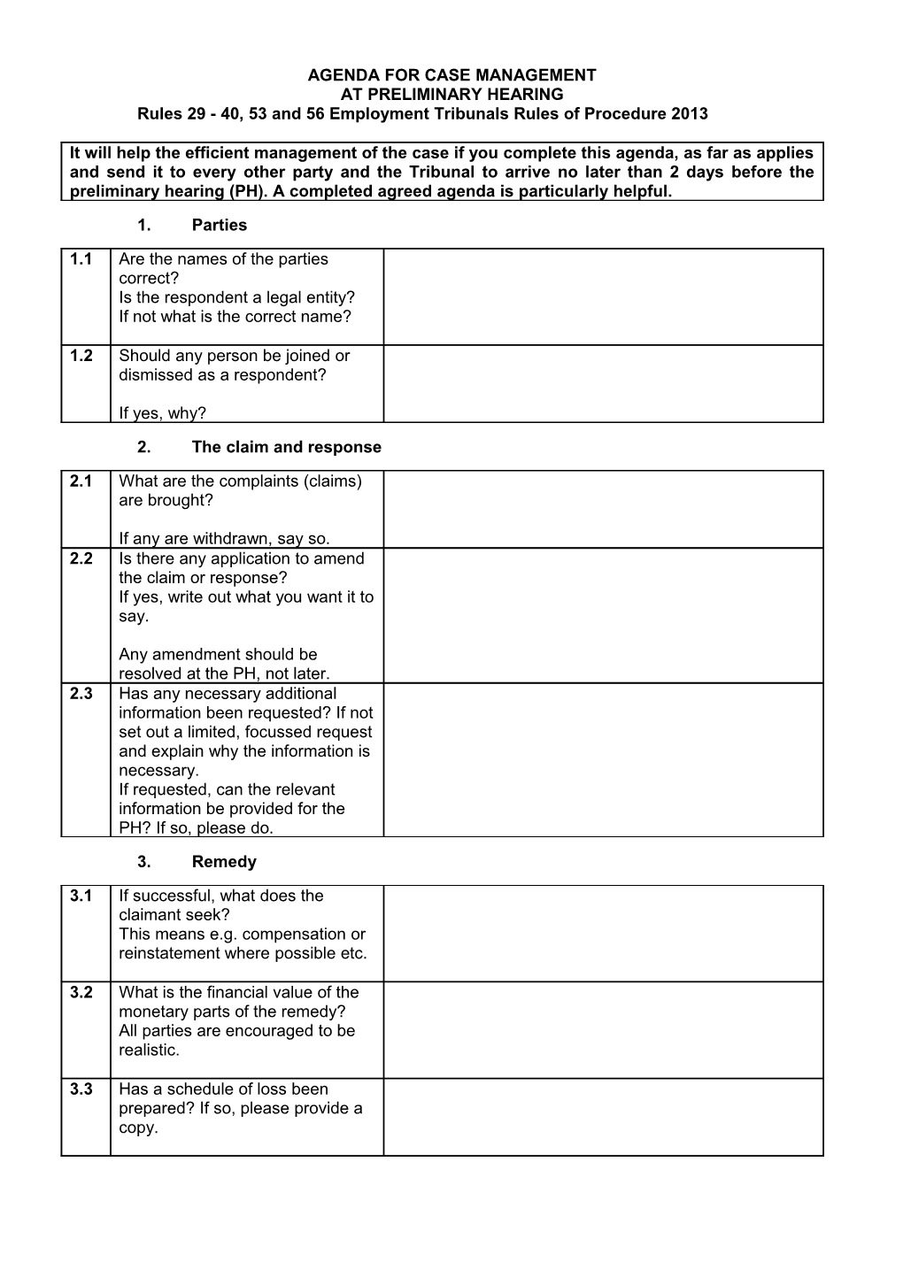 Agenda for Case Management