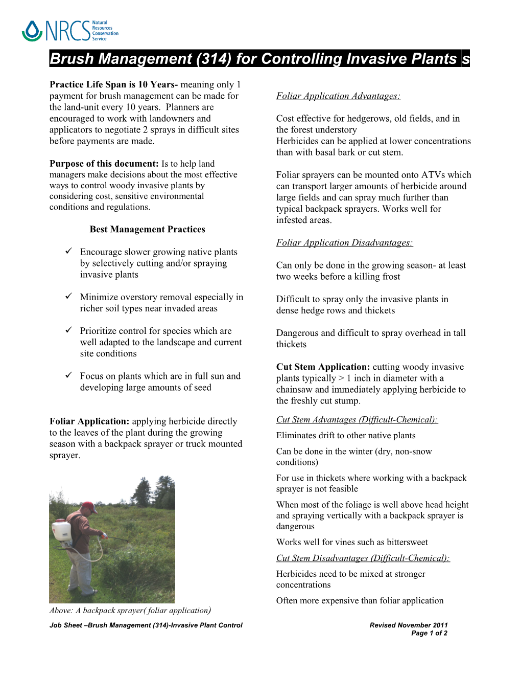 Job Sheet Brush Management (314)-Invasive Plant Controlrevised November 2011 Page 1 of 2