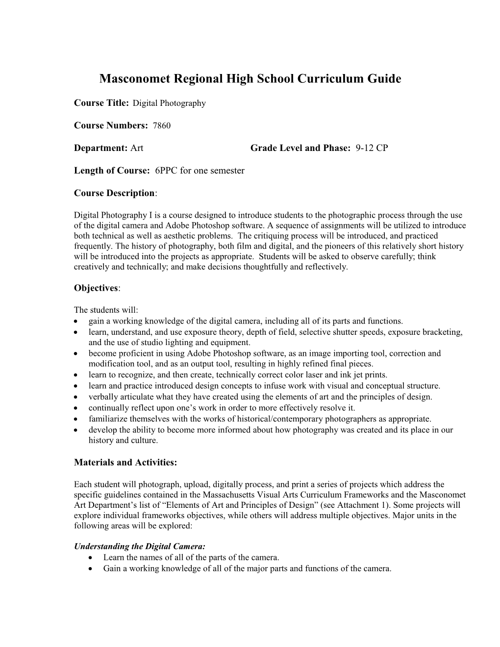 Masconomet Regional High School Curriculum Guide
