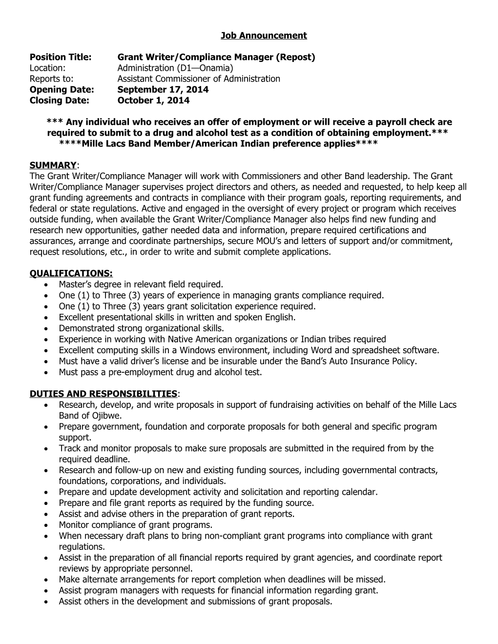 Position Title:Grant Writer/Compliance Manager (Repost)
