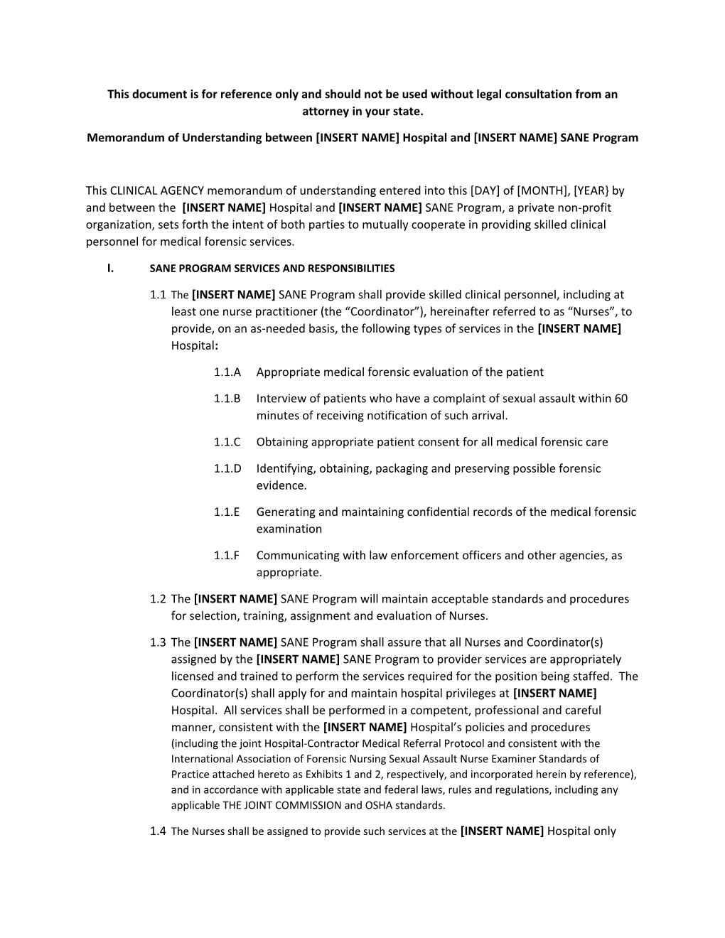 Memorandum of Understanding Between INSERT NAME Hospital and INSERT NAME SANE Program