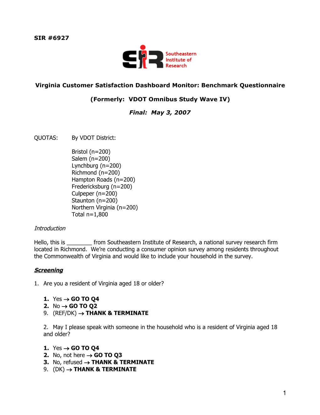 Virginia Customer Satisfaction Dashboard Monitor: Benchmark Questionnaire