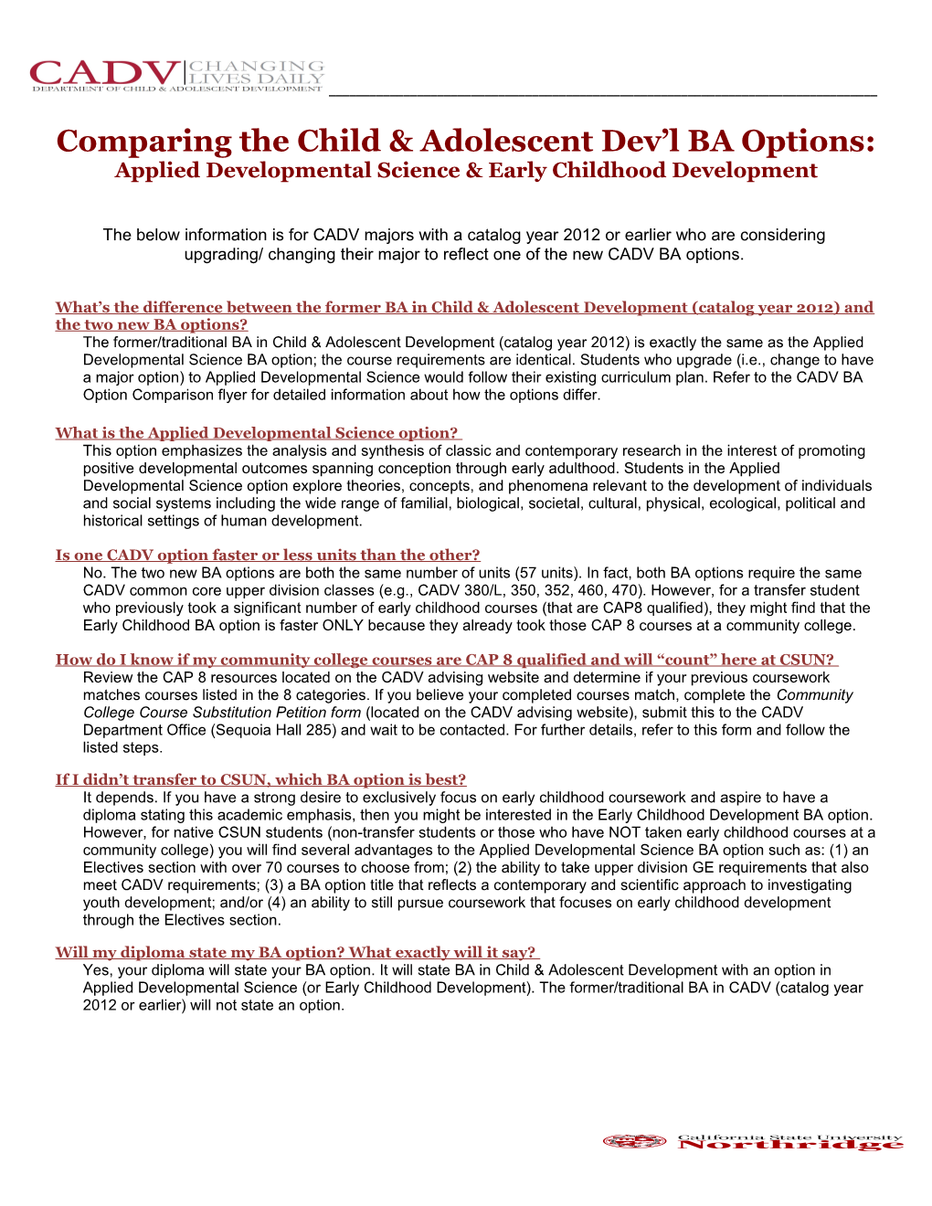 Comparing the Child & Adolescent Dev L BA Options