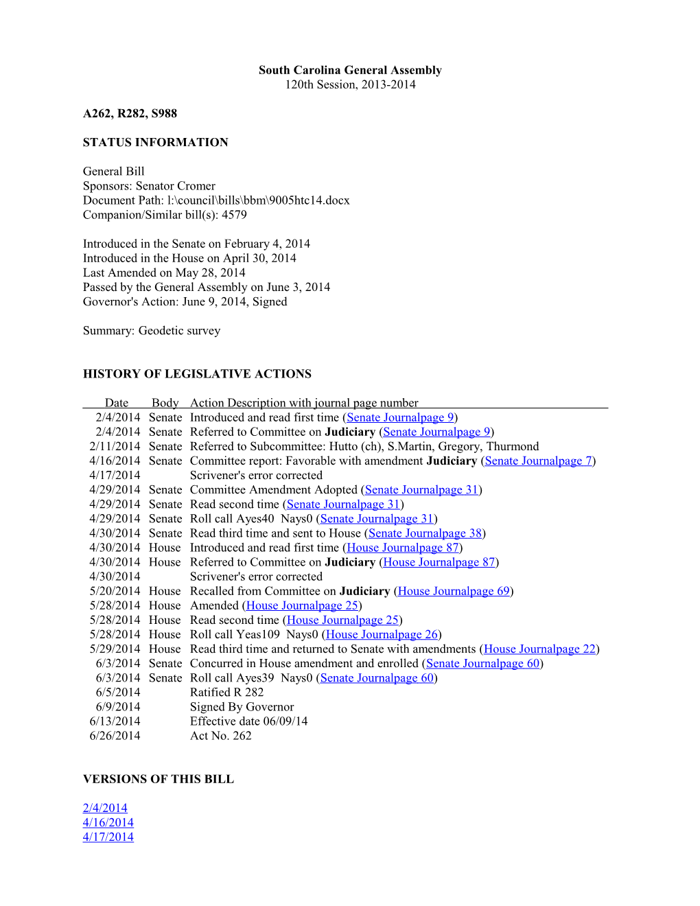 2013-2014 Bill 988: Geodetic Survey - South Carolina Legislature Online