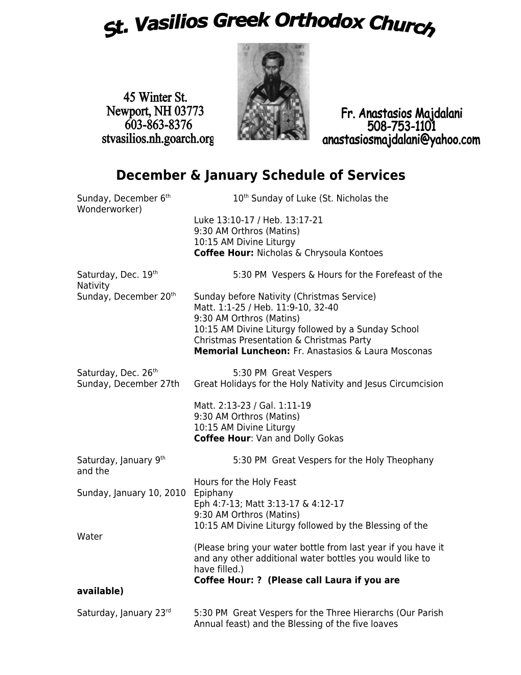 December & January Schedule of Services