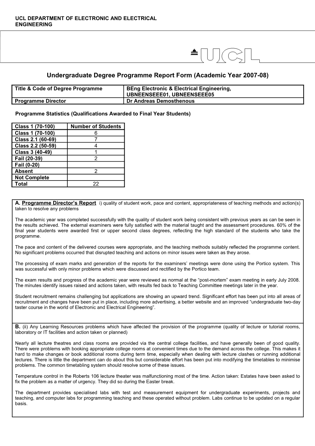 DEPARTMENT of BIOCHEMISTRY & MOLECULAR BIOLOGY Course Unit Report Form