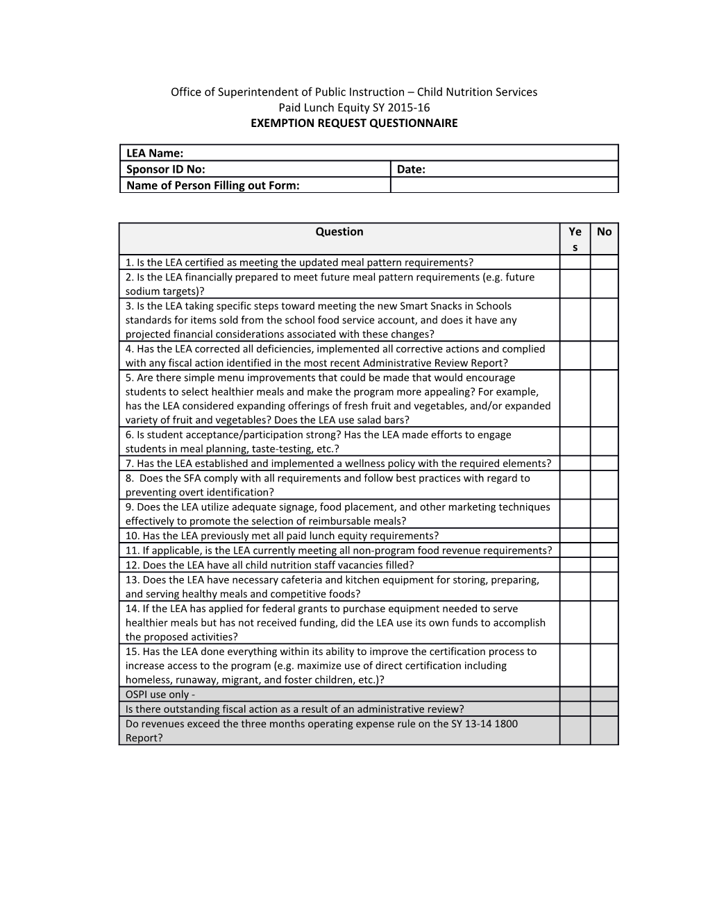 Office of Superintendent of Public Instruction Child Nutrition Services