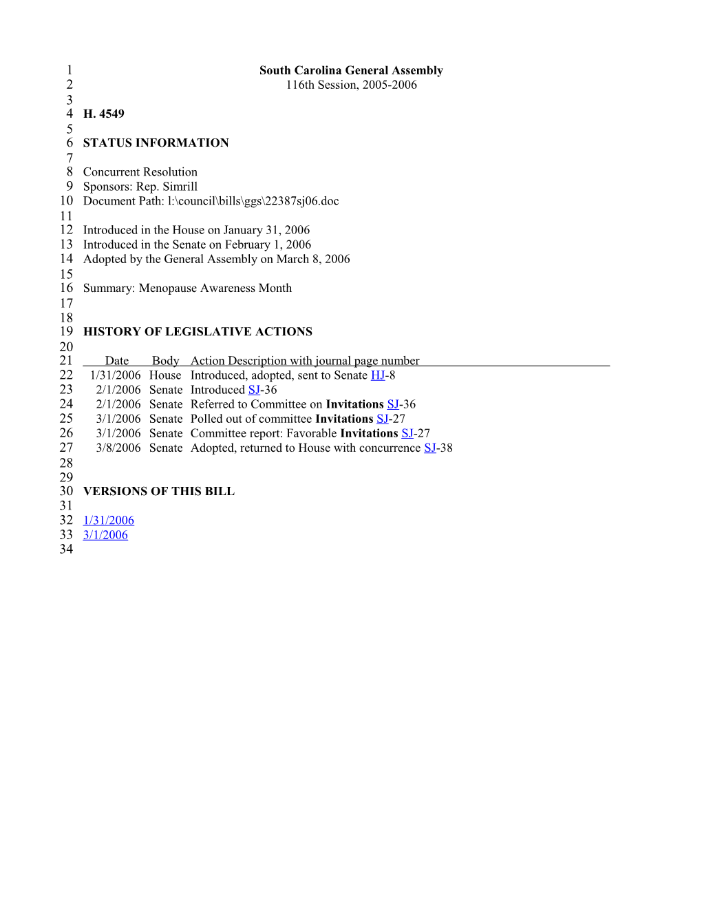 2005-2006 Bill 4549: Menopause Awareness Month - South Carolina Legislature Online