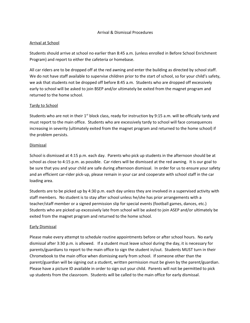 Arrival & Dismissal Procedures