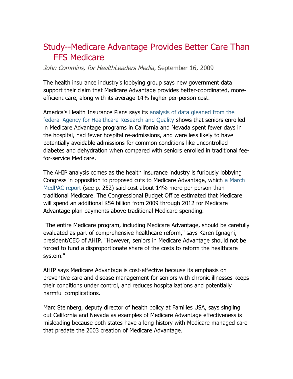 Study Medicare Advantage Provides Better Care Than FFS Medicare