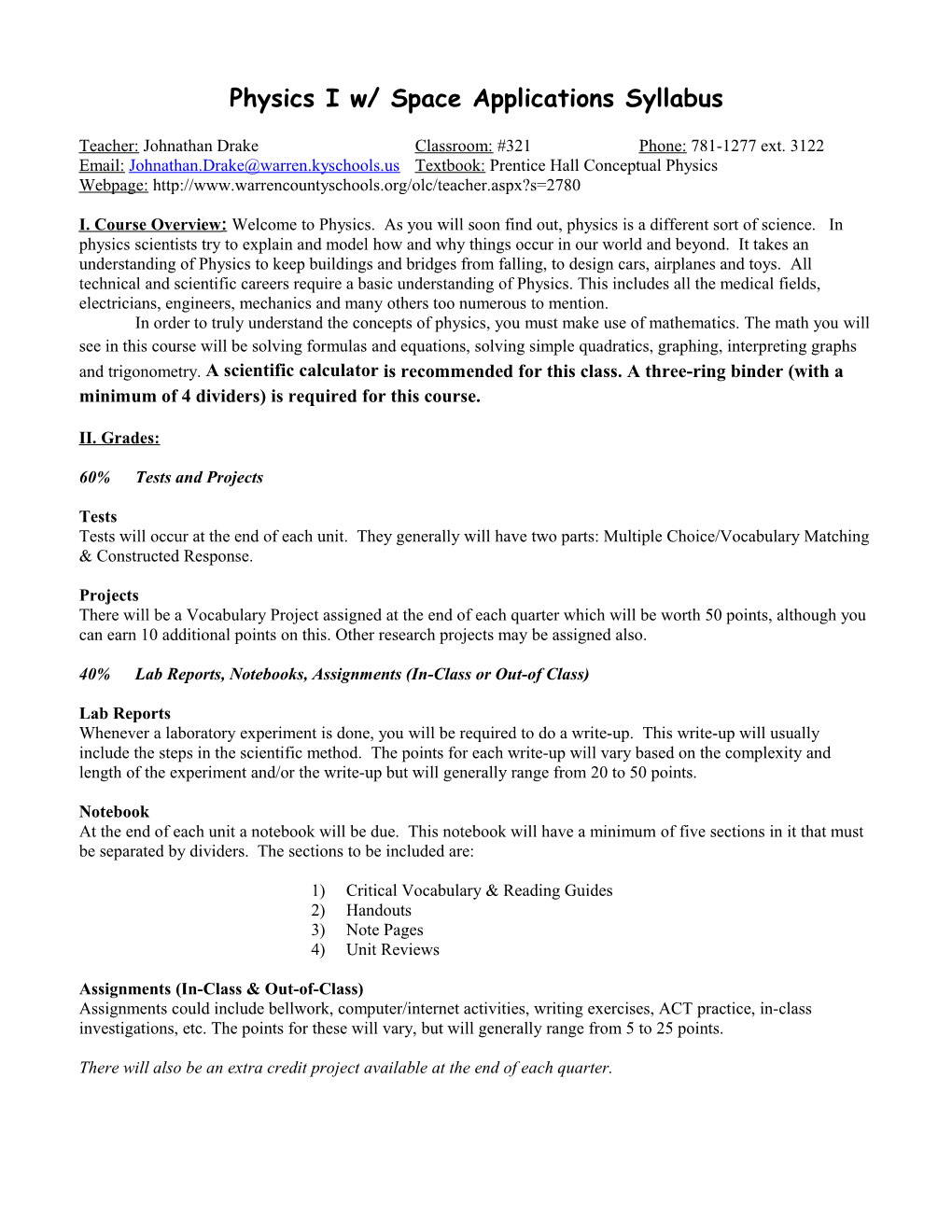 Chemistry I W/ Earth Applications Syllabus