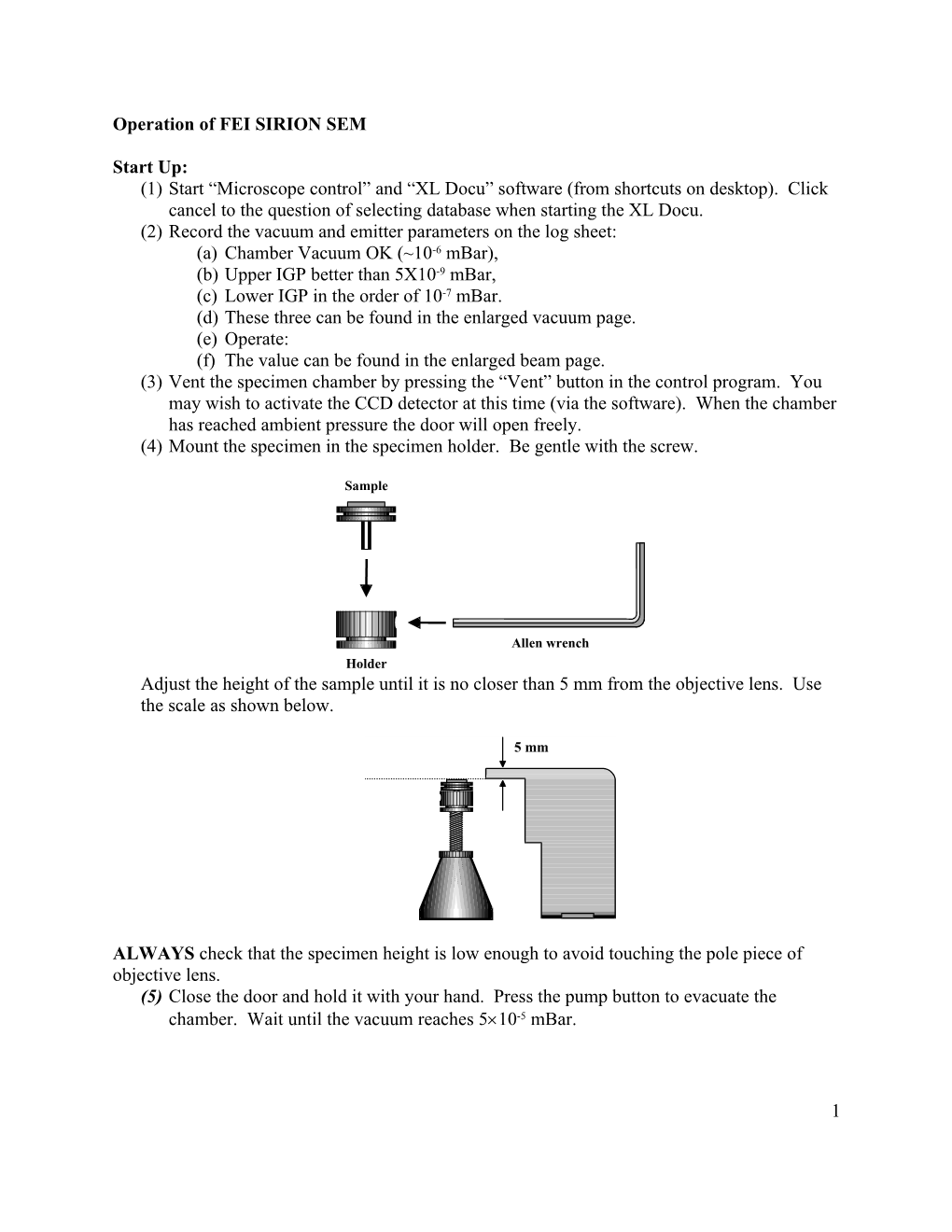 Operation of FEI SIRION SEM