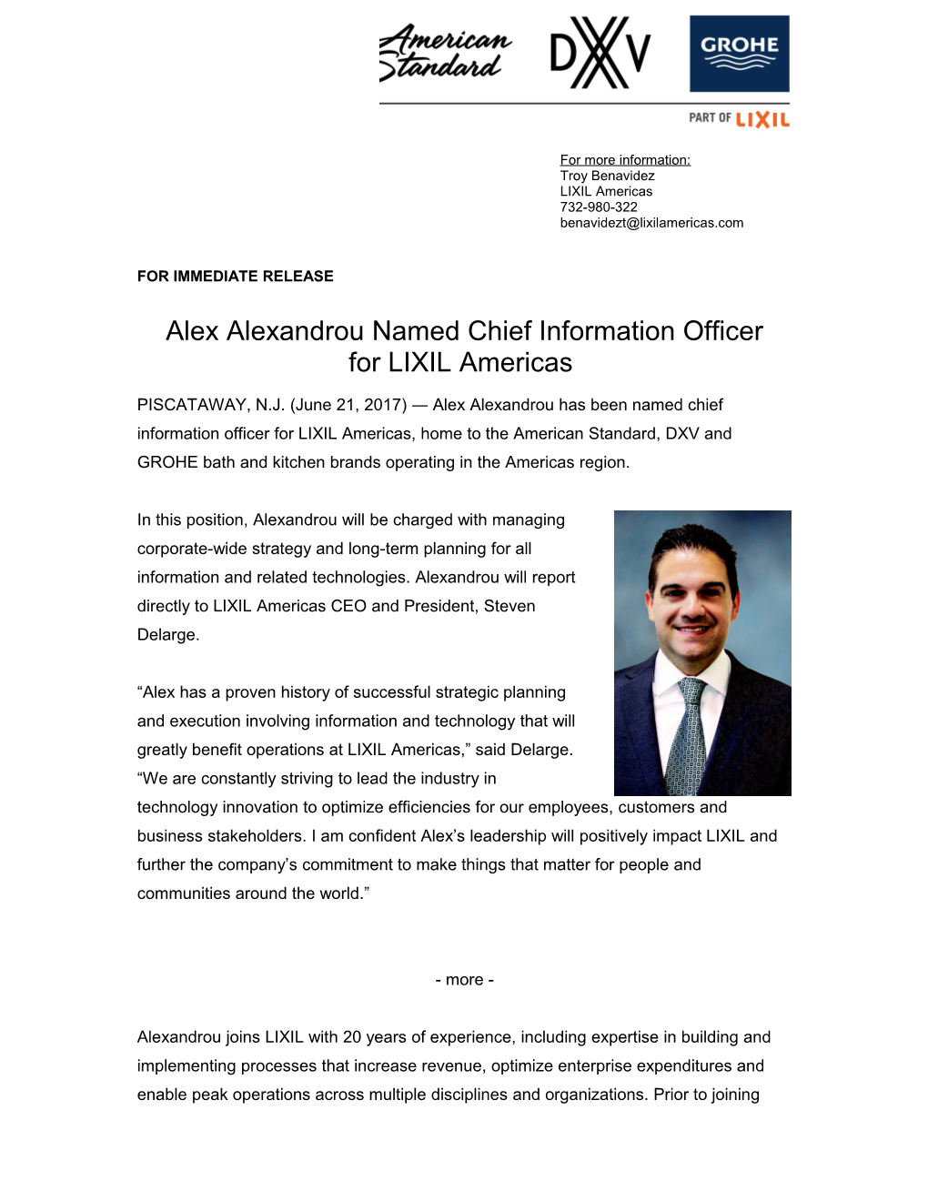 Alex Alexandrou Named Chief Information Officer for LIXIL Americas 1-1-1