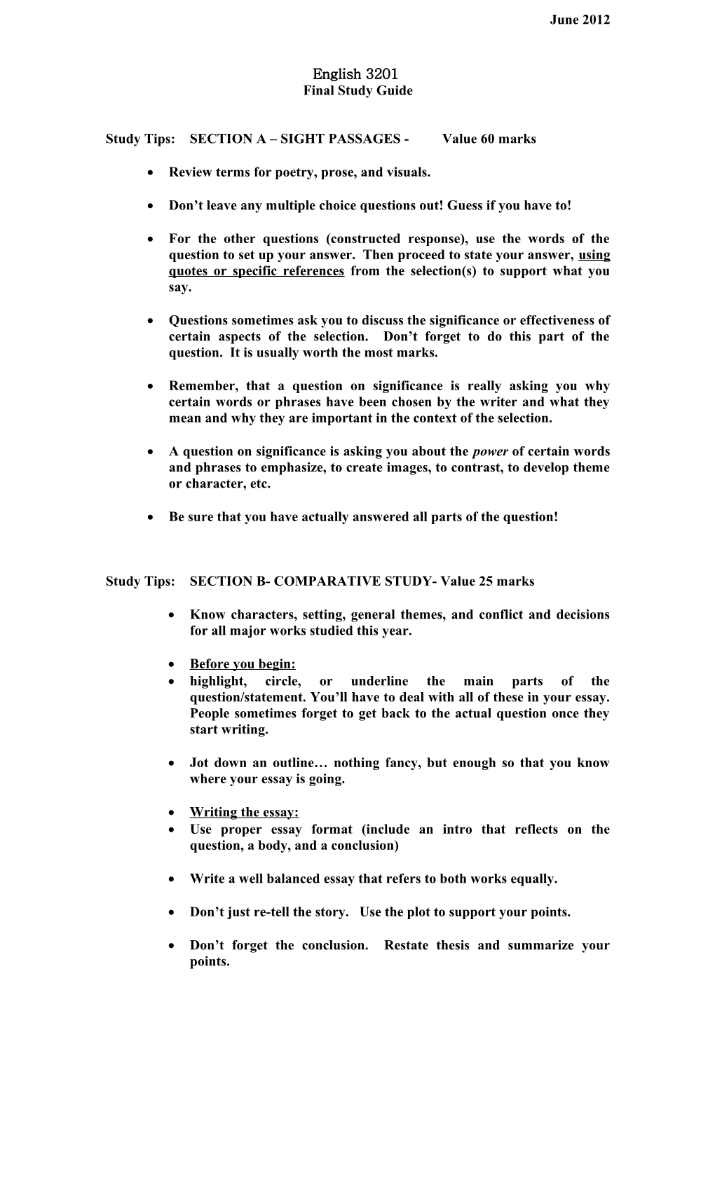 Study Tips:SECTION a SIGHT PASSAGES - Value 60 Marks