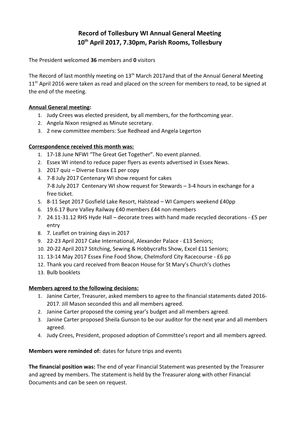 Record of Tollesbury WI Annual General Meeting