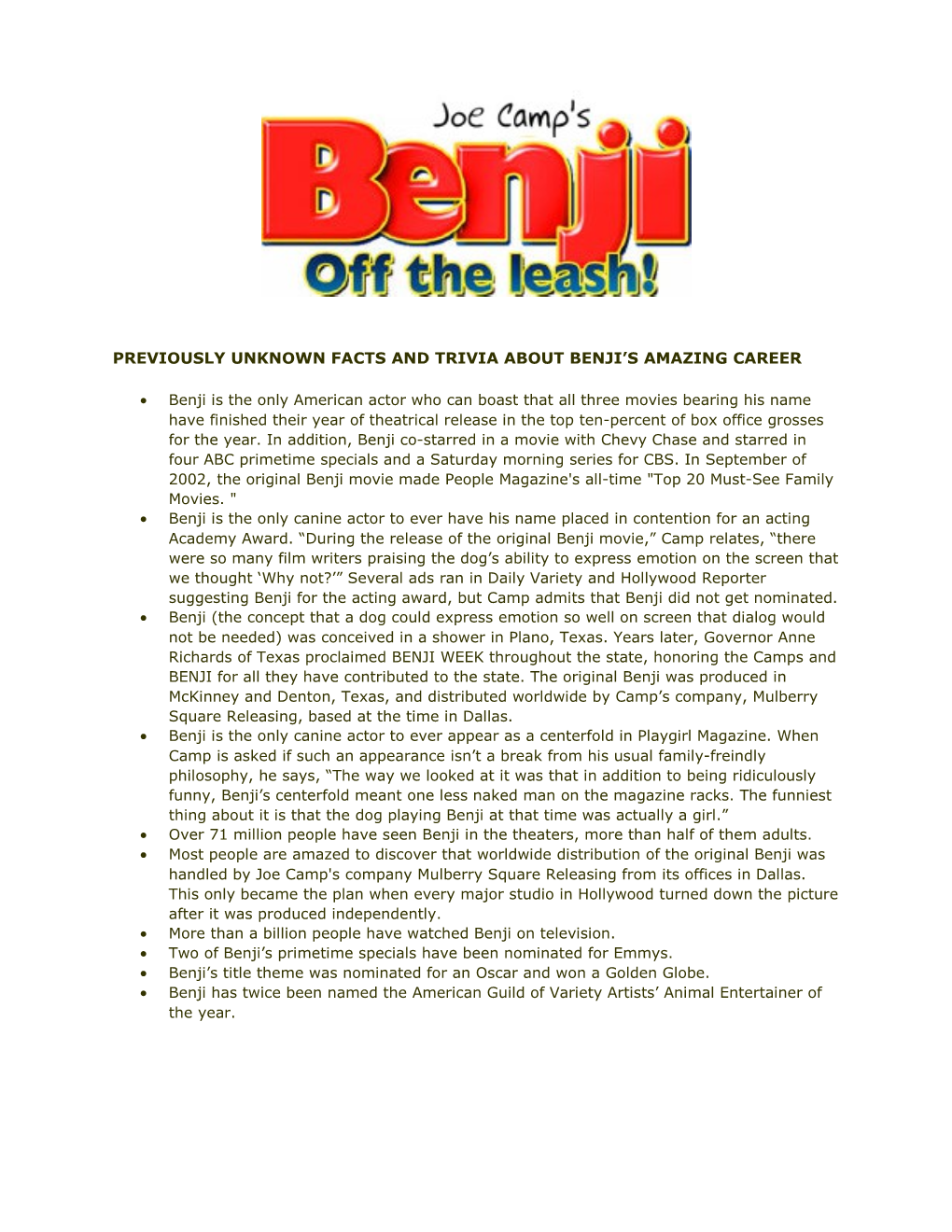 Previously Unknown Facts and Trivia About Benji S Amazing Career