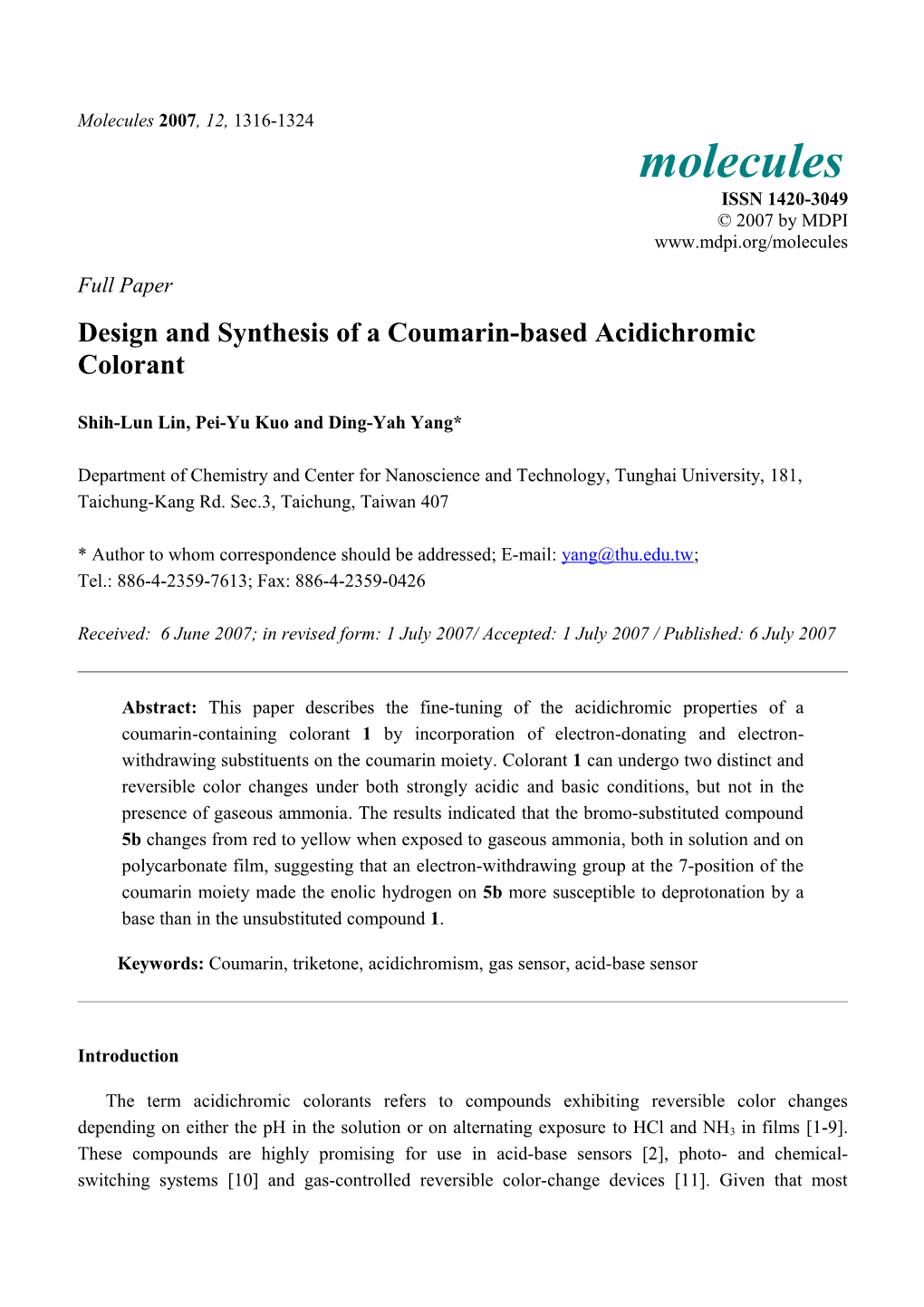 Design and Synthesis of a Coumarin-Based Acidichromic Colorant