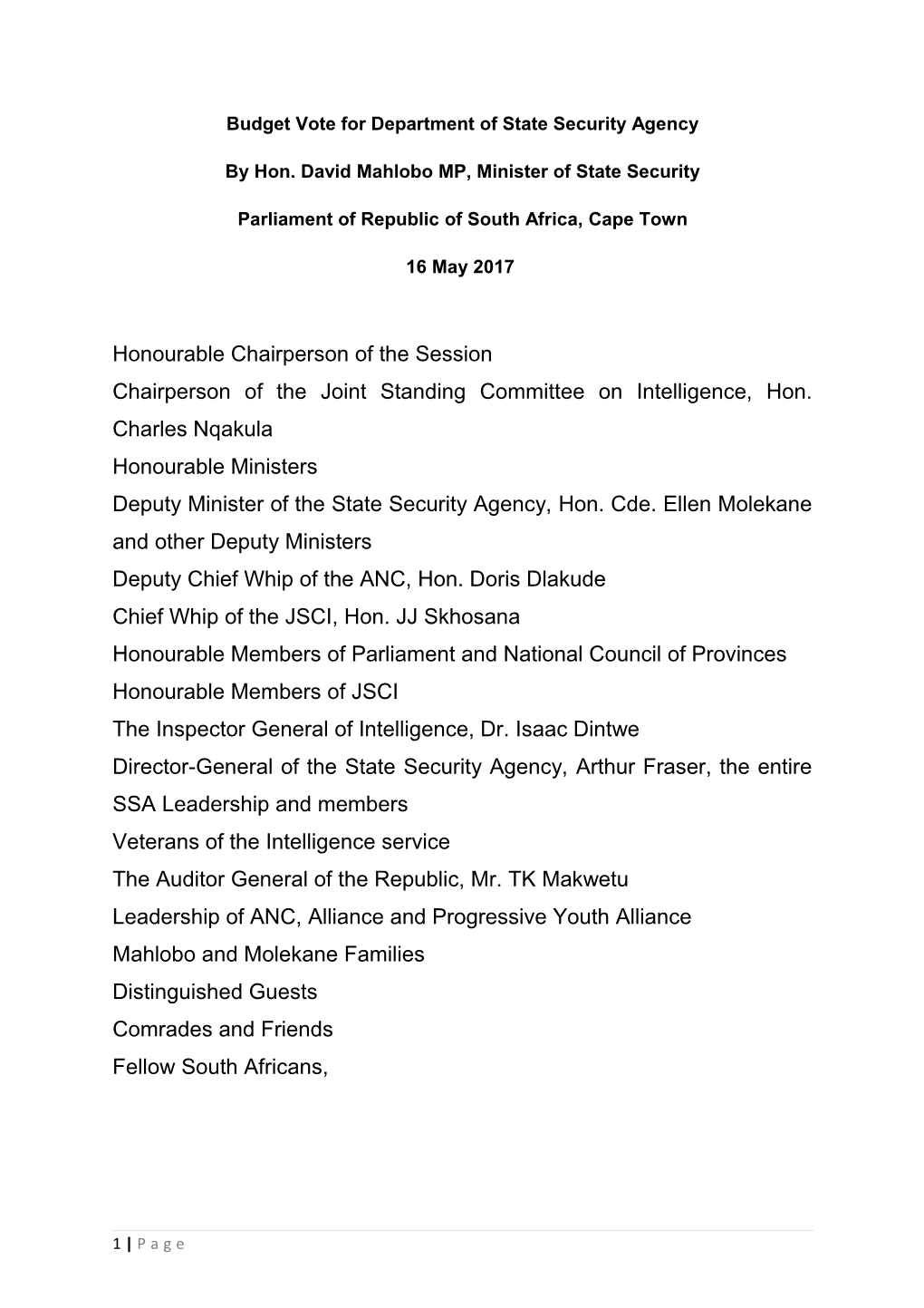 Budget Vote for Department of State Security Agency