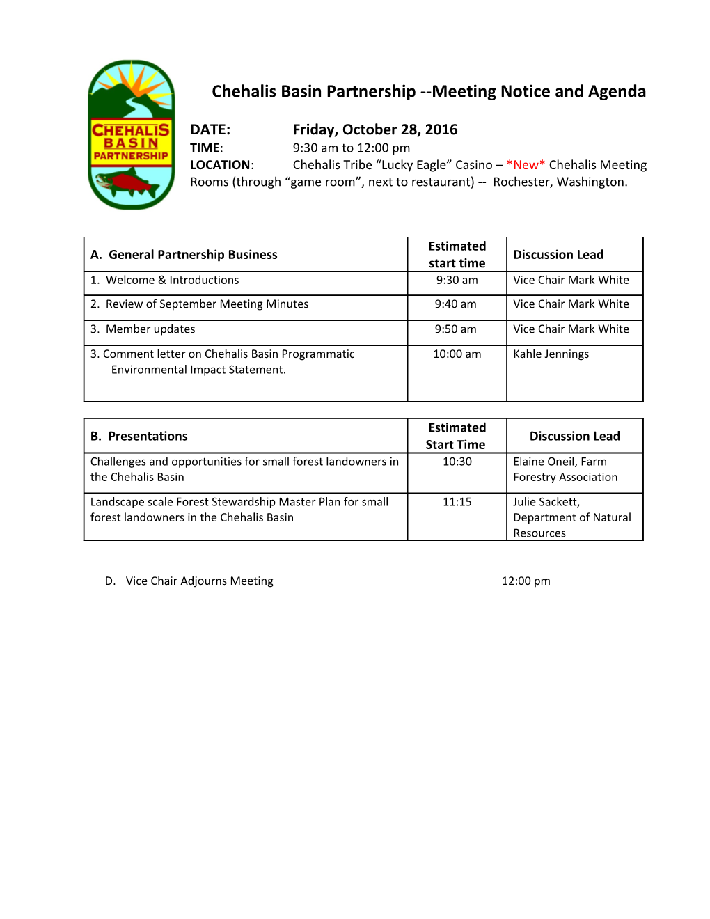 Chehalis Basin Partnership Meeting Notice and Agenda