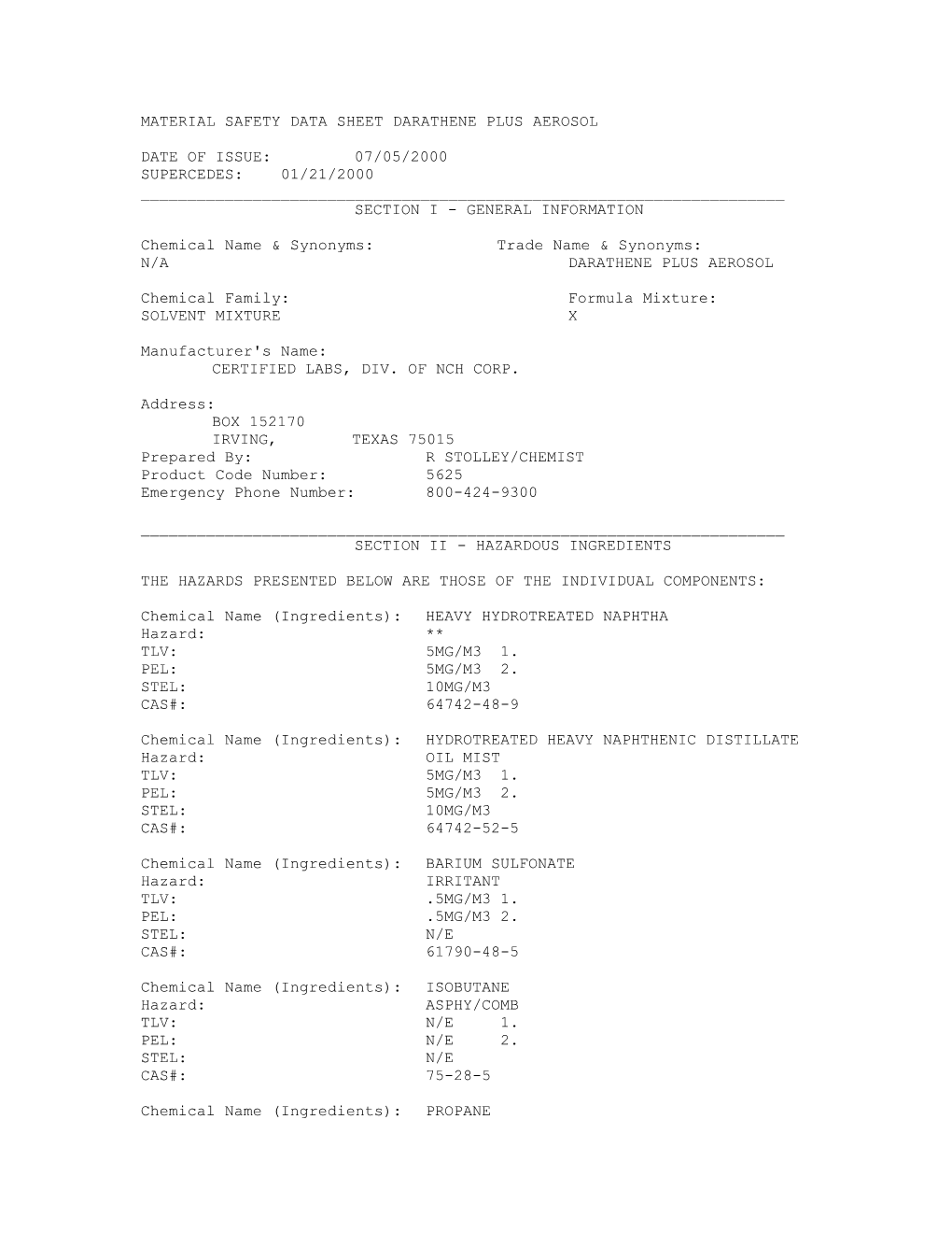 Material Safety Data Sheet Darathene Plus Aerosol