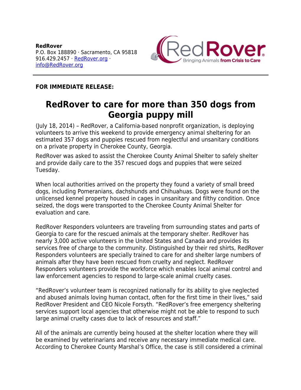 Redrover to Care for More Than 350 Dogs from Georgia Puppy Mill