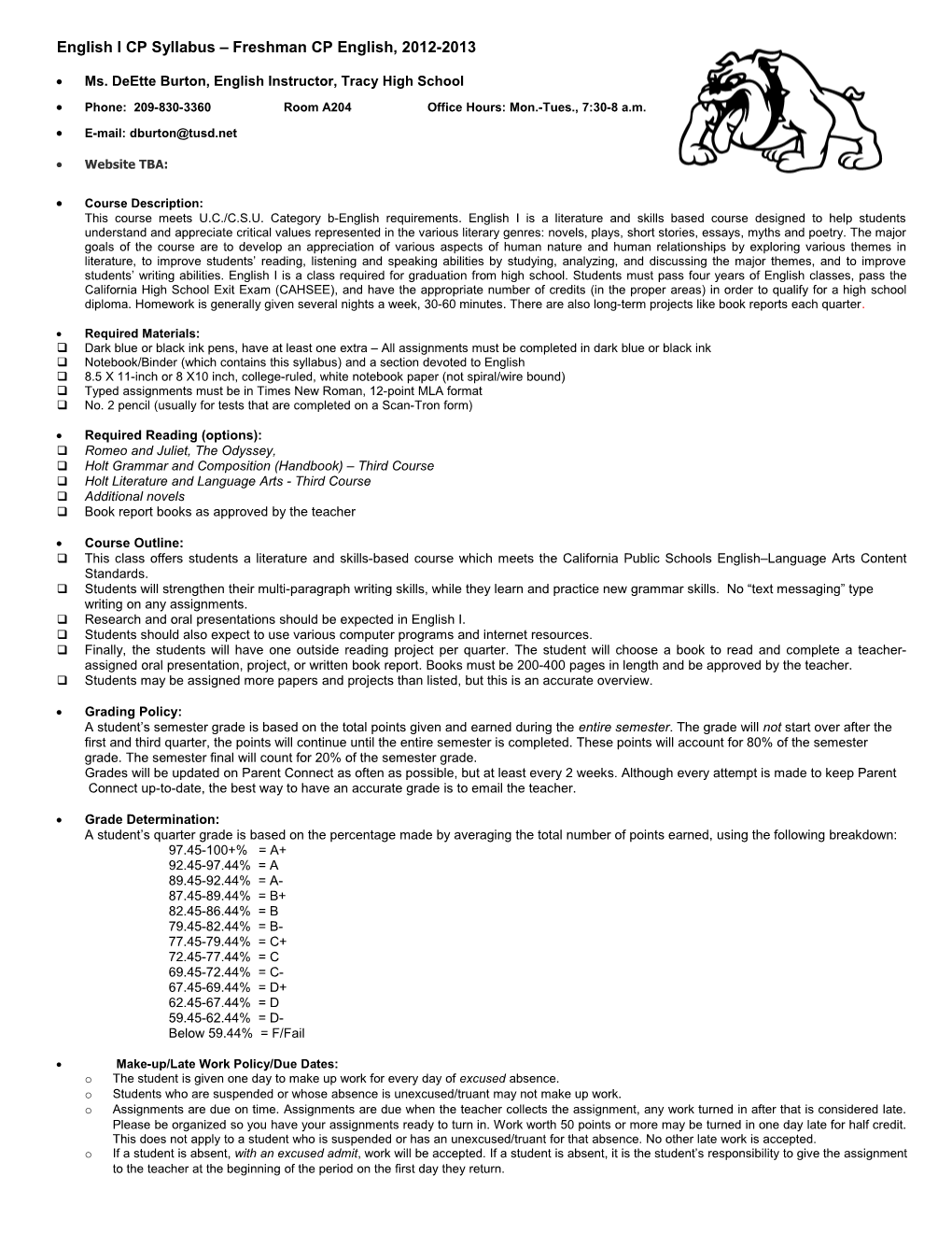 English I CP Syllabus Freshman CP English, 2012-2013